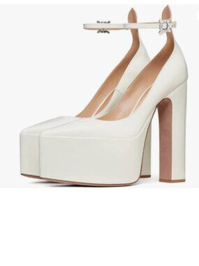FSJ White Pointed Toe Chunky Heel Ankle Strap Platform Rhinestone Buckle Pumps